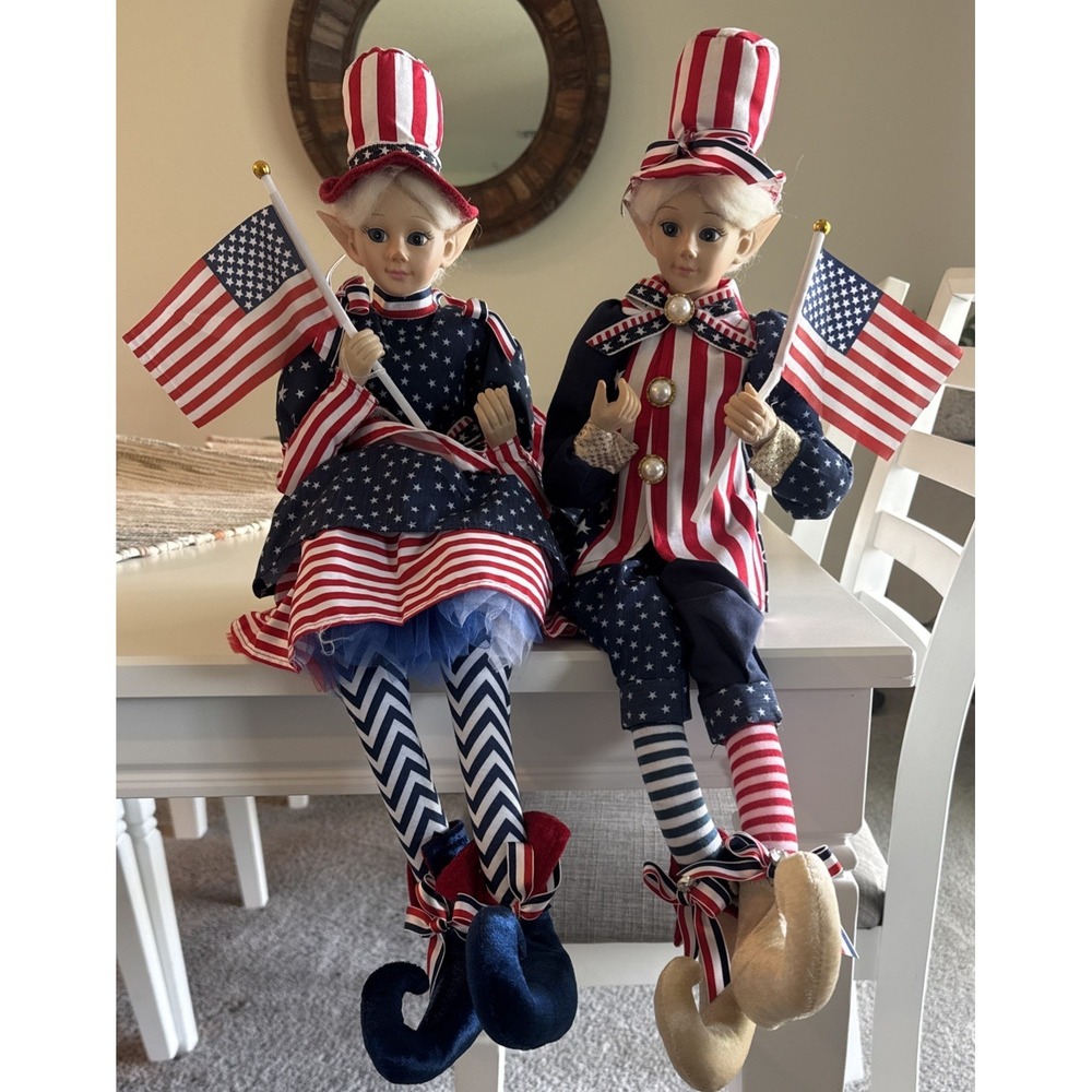 Cynthia Rowley 4TH OF JULY PATRIOTIC ELF PIXIE DOLL Shelf Sitter 23" Set 2pc